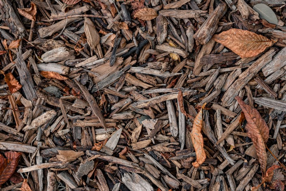 Close-up view of a garden mulch layer with a mixture of small, irregularly sized wood chips, bark pieces, and dried leaves, creating a textured surface. The mulch contains various shades of brown and 